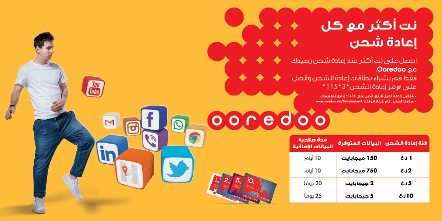 طريقة تعبئة رصيد انترنت اوريدو